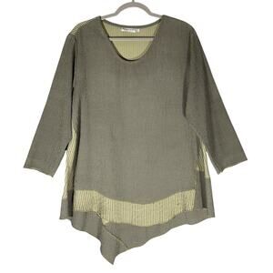 Habitat Sz M Asymmetric Hem Mix Media Tunic Top 3/4 Sleeve Checked Boho Artsy‎